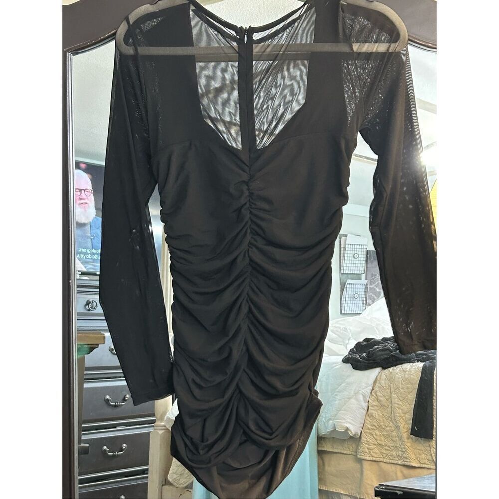 New Black Ruched Bodycon Square Neck Mini Dress S - Picture 2 of 3